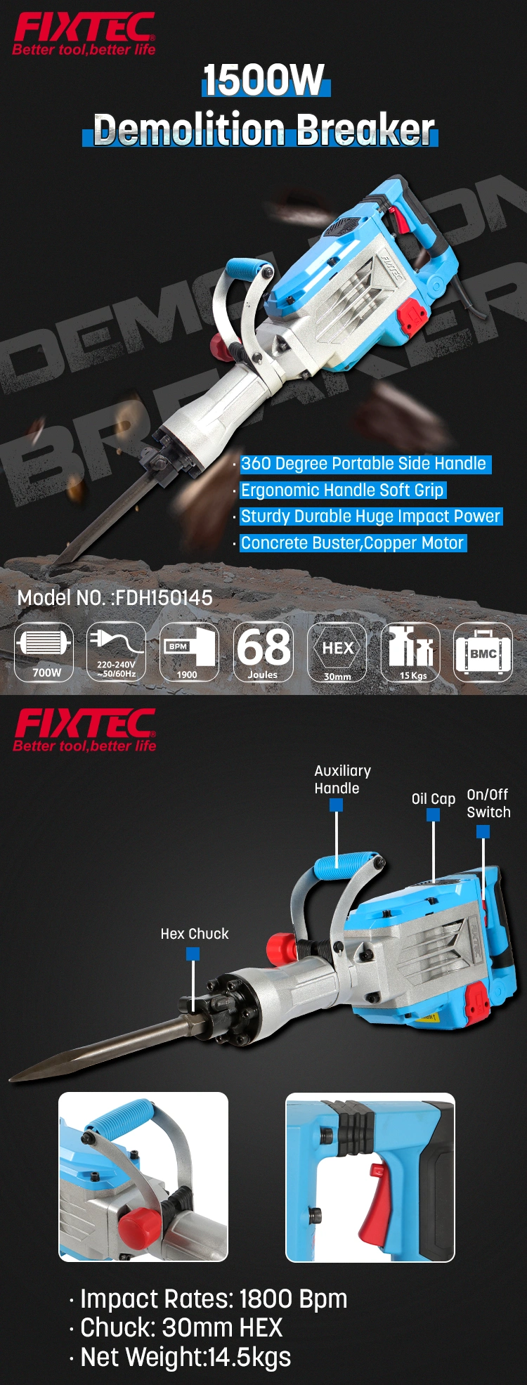 Fixtec 1500W Heavy Duty Jack Hammer Electric Rotary 30mm Hex Hammer Drill 240V Machine with Chisel
